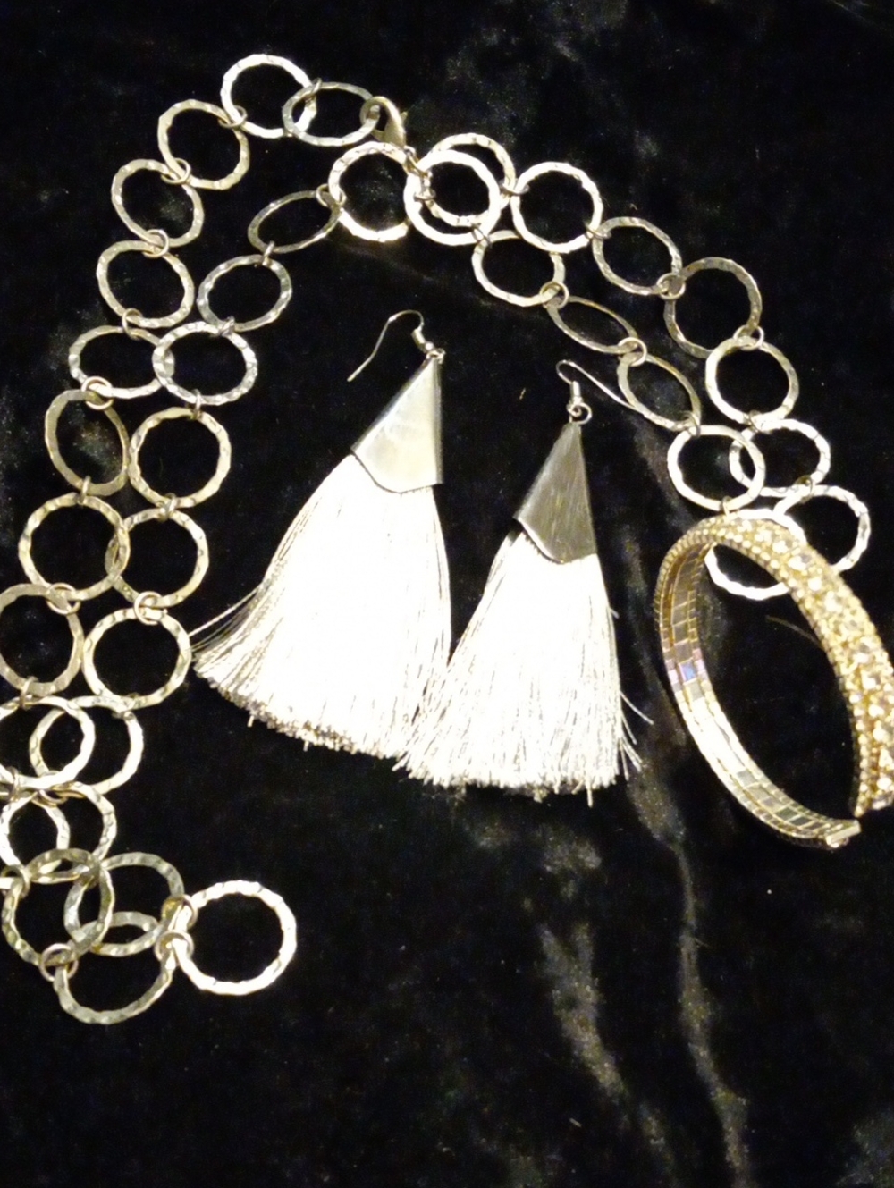 Gold Chain Link Necklace with White Tassel Earrings and Gold Bracelet Set